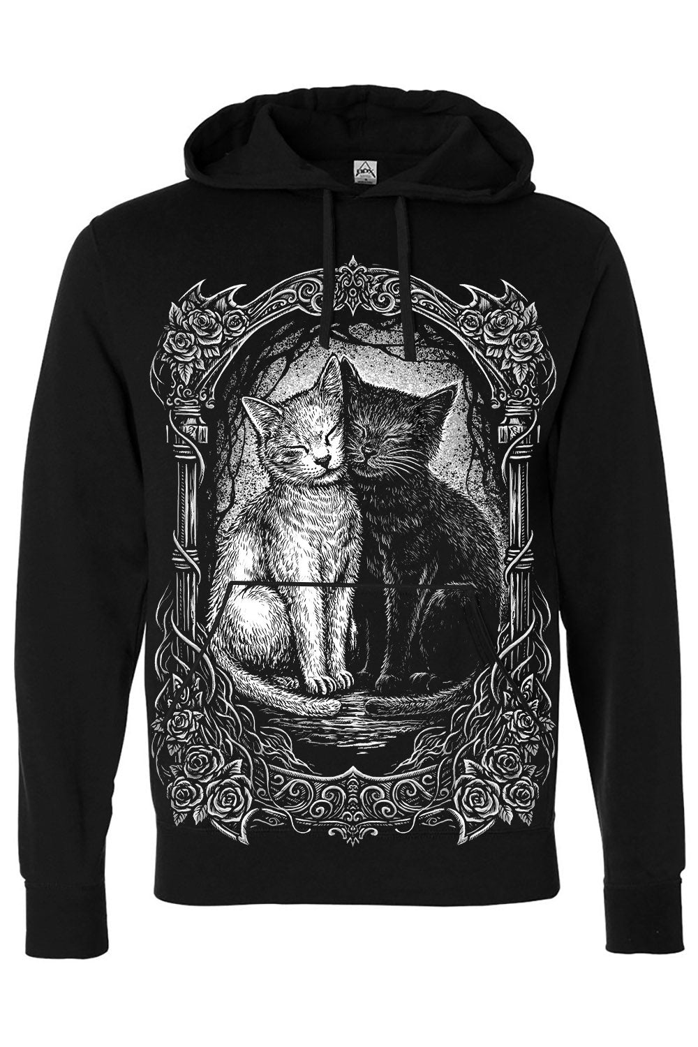 Black hoodie with a graphic of two cats and decorative elements on a white background