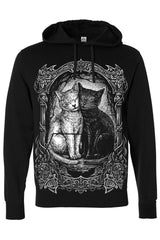 Black hoodie with a graphic of two cats and decorative elements on a white background