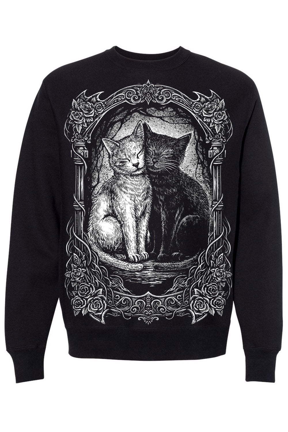 Black sweatshirt with a graphic of two cats in an ornate frame on a white background