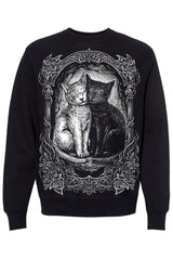 Black sweatshirt with a graphic of two cats in an ornate frame on a white background