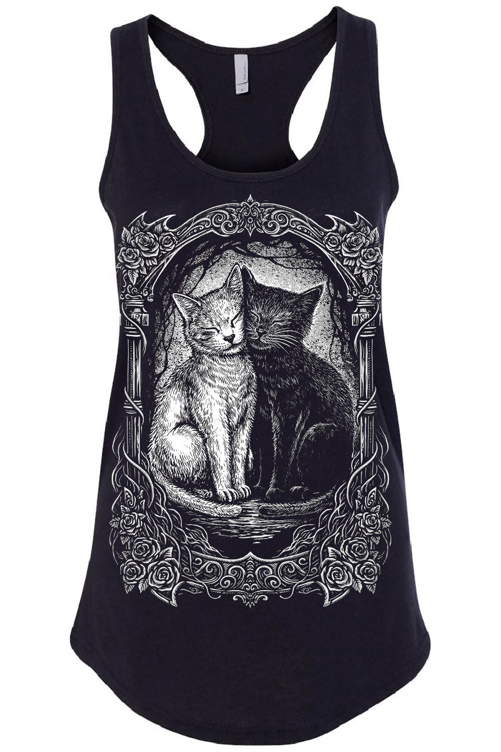 Black tank top with a graphic of two cats in a decorative frame on a white background