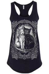 Black tank top with a graphic of two cats in a decorative frame on a white background