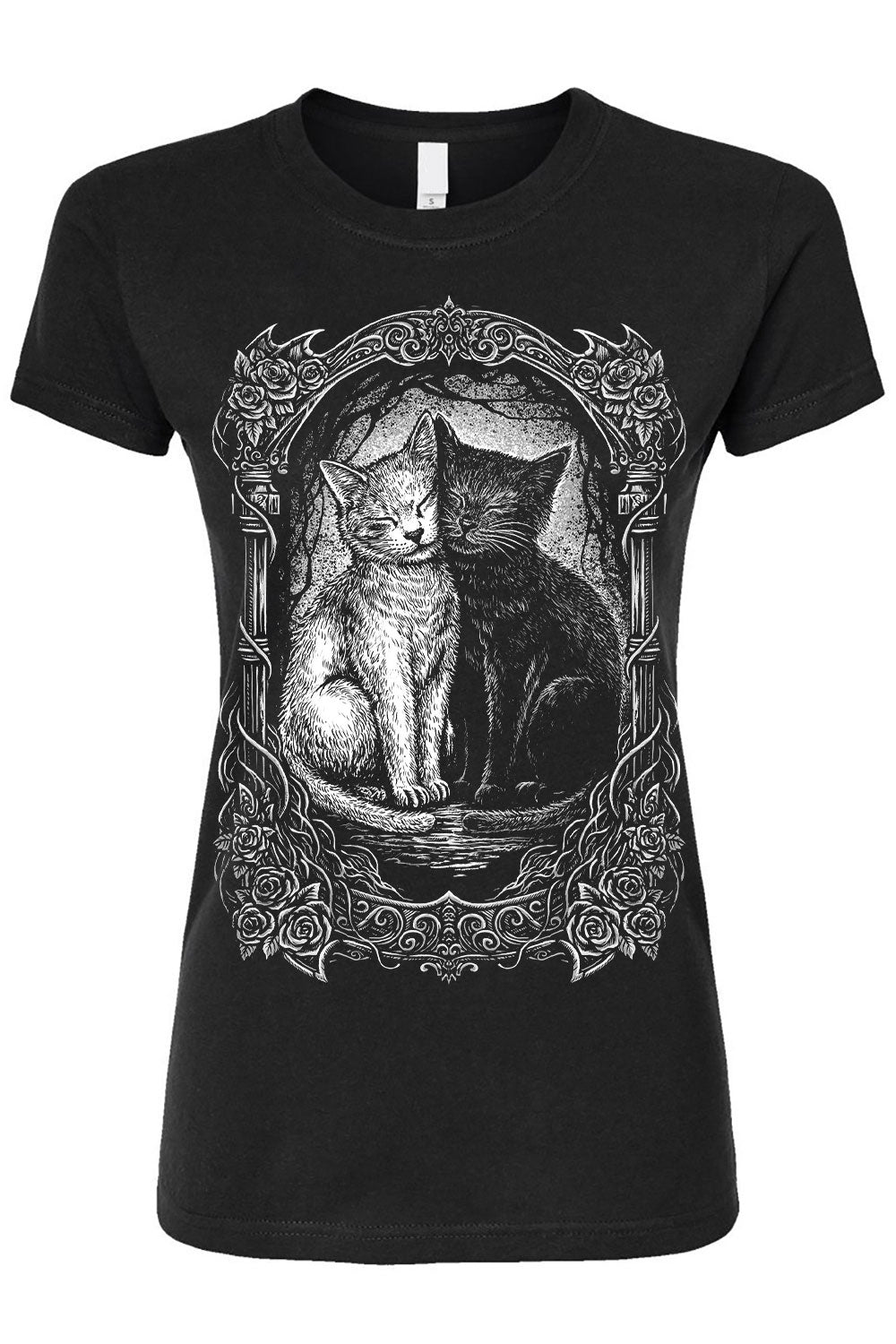 Black t-shirt with a graphic of two cats in a decorative frame on a white background
