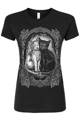 Black t-shirt with a graphic of two cats in a decorative frame on a white background