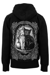 Black hoodie with a graphic of two cats in an ornate frame on the back, on a white background.
