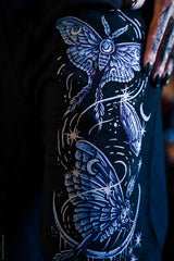 Luna moth blue and purple print on black pants