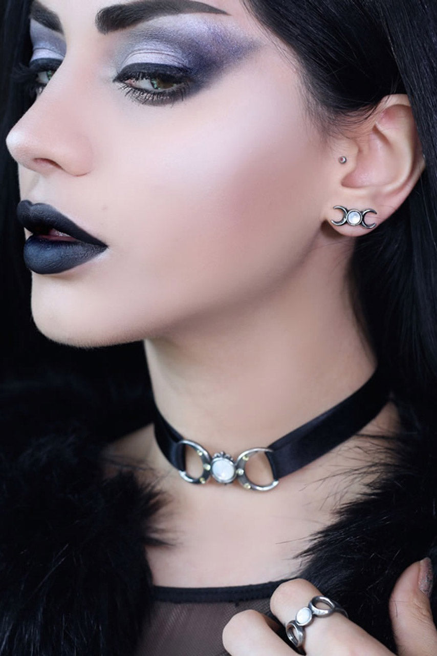 silver occult black satin moon necklace