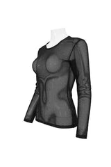 Black mesh long-sleeve top on a mannequin against a white background