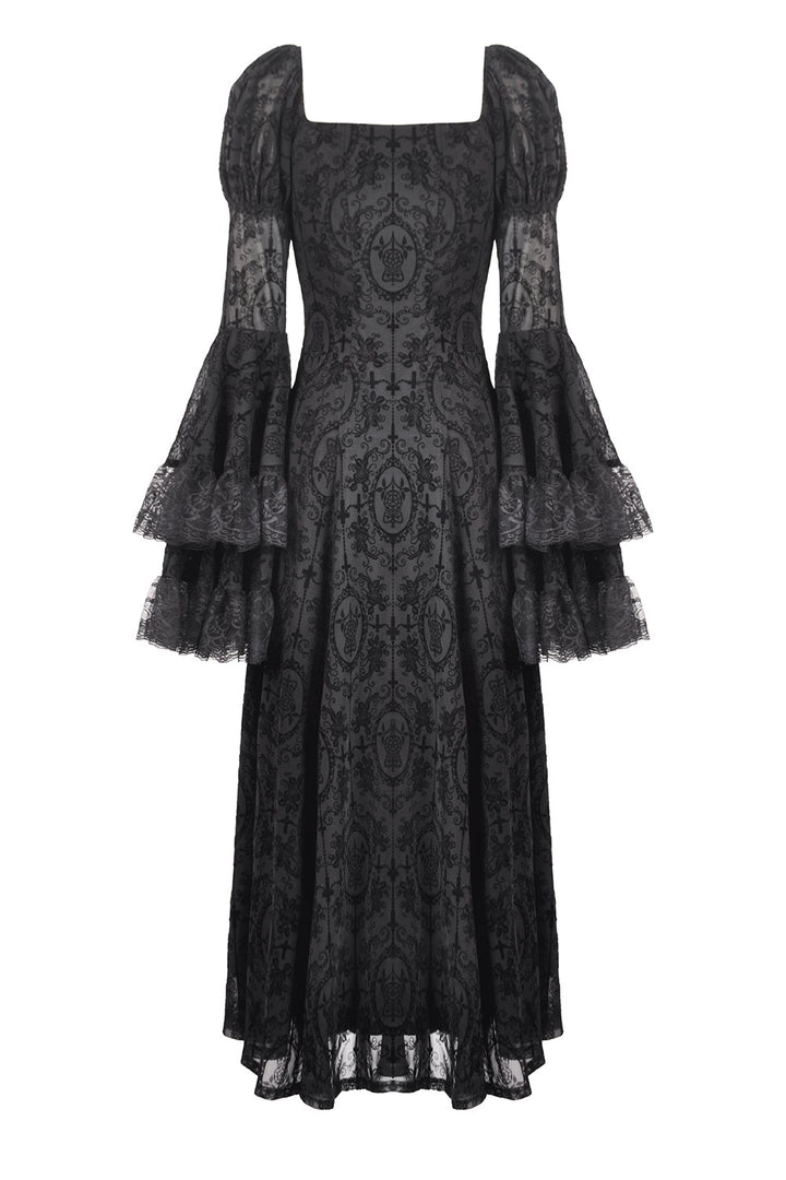 womens long sleeve black ruffle gown