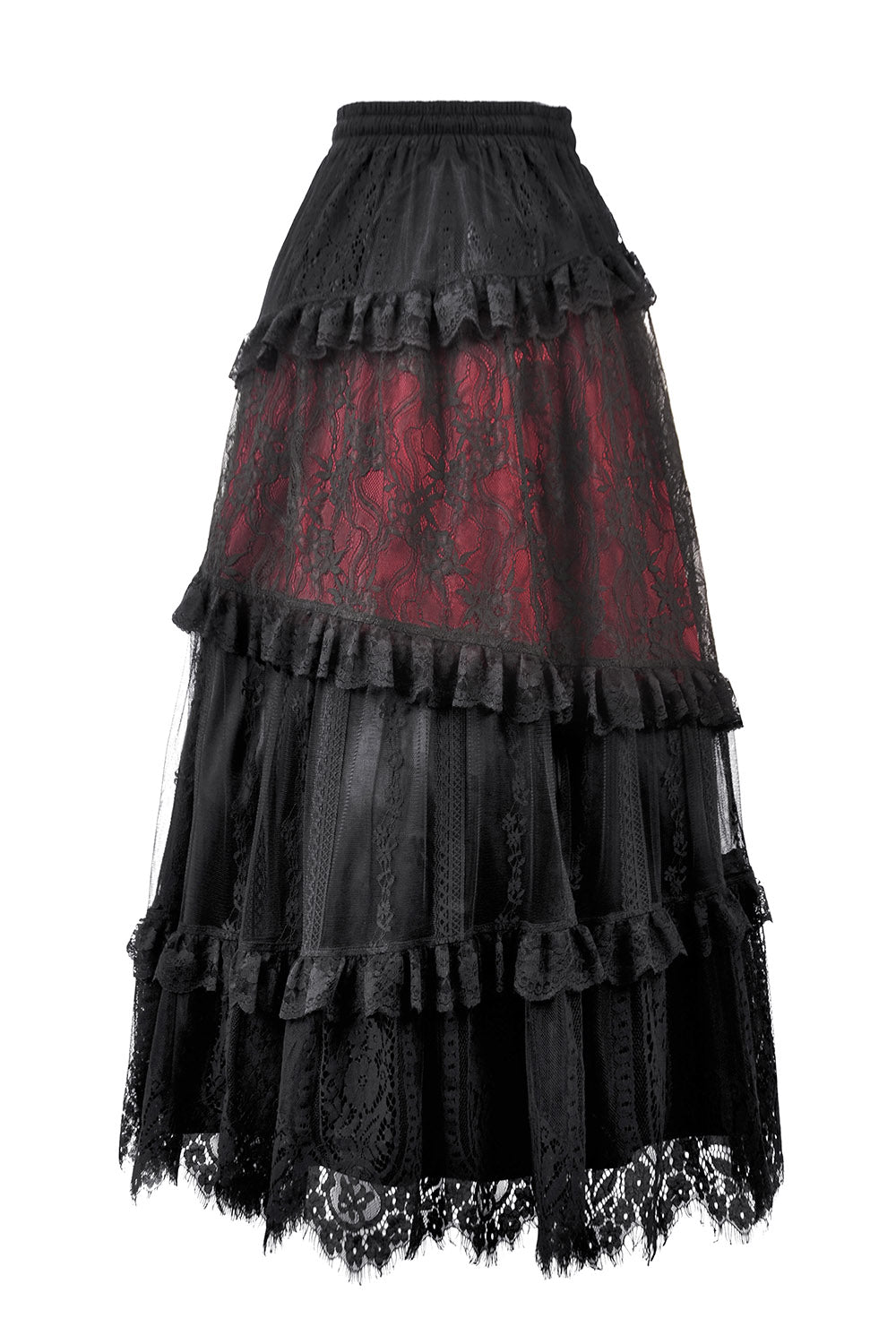 victorian long red and black lace patchwork skirt