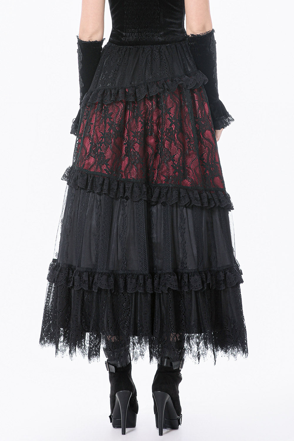 ruffled red and black lace patchwork skirt