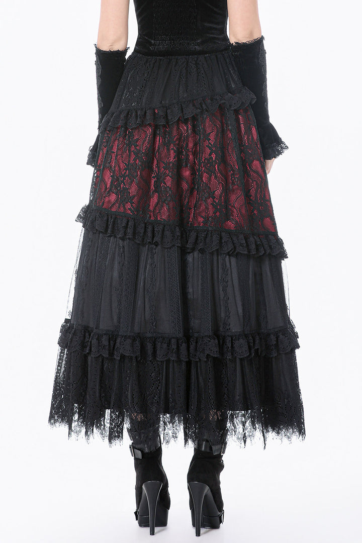 ruffled red and black lace patchwork skirt