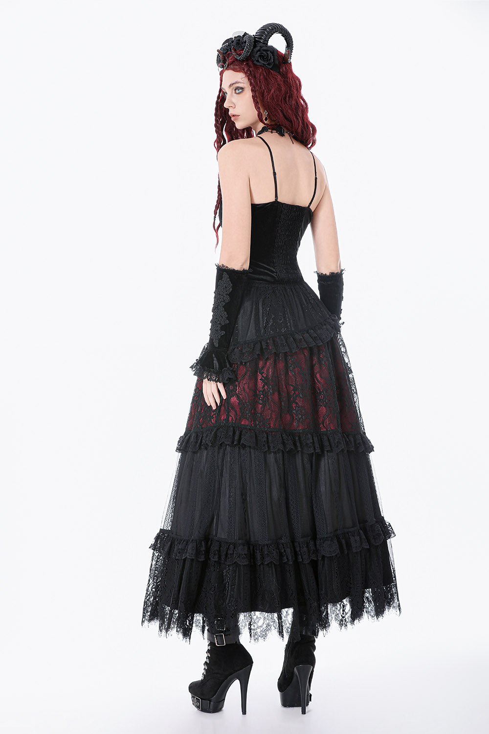 high-waisted red and black lace patchwork skirt