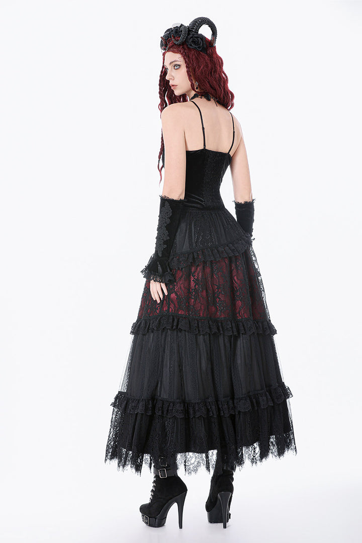 high-waisted red and black lace patchwork skirt