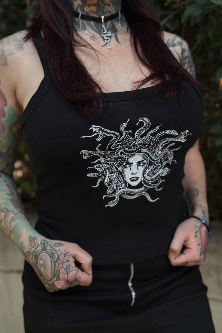 black cropped cotton blended medusa tank top