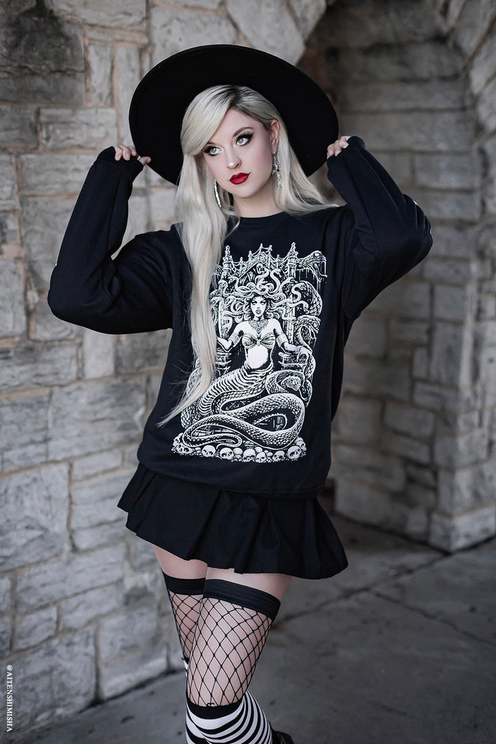 womens heavy metal medusa t-shirt with snake sleeves