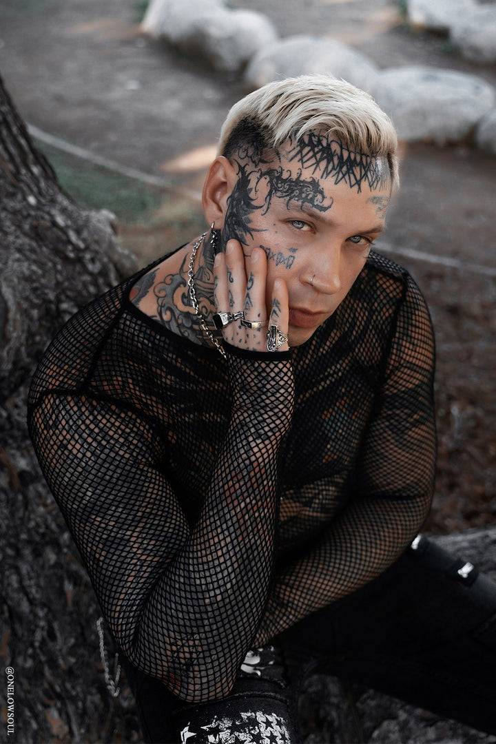 cyber punk black long sleeve fishnet shirt with thumbholes 