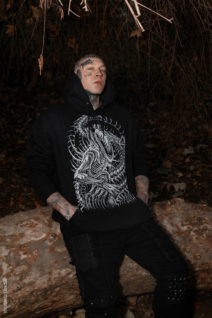 mens black and white sci-fi raver goth hoodie