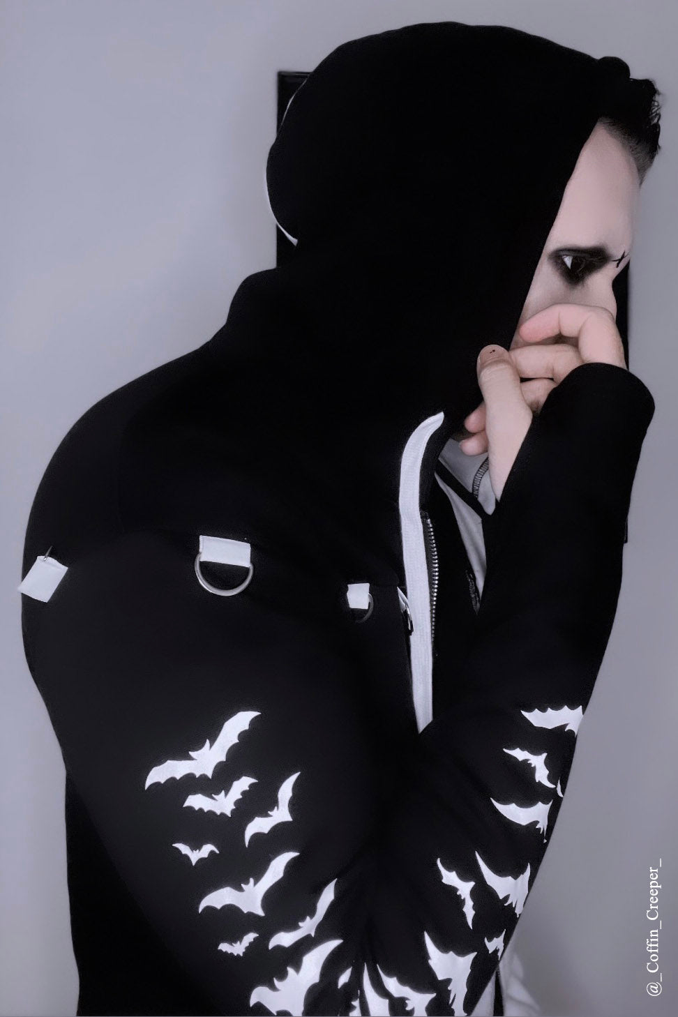 mens black gothic hoodie wit white sleeves