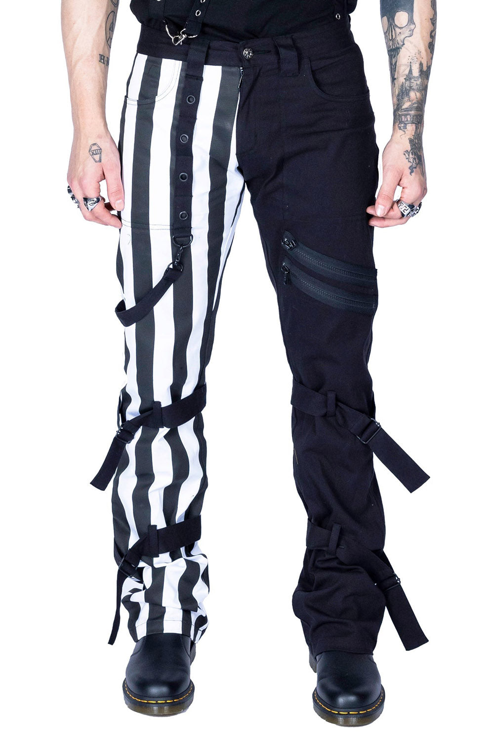 mens half black half stripes pants