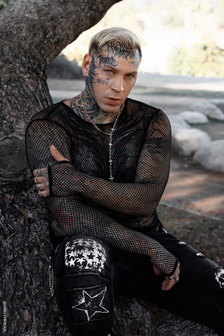 black long sleeve fishnet shirt with thumbholes plus size 