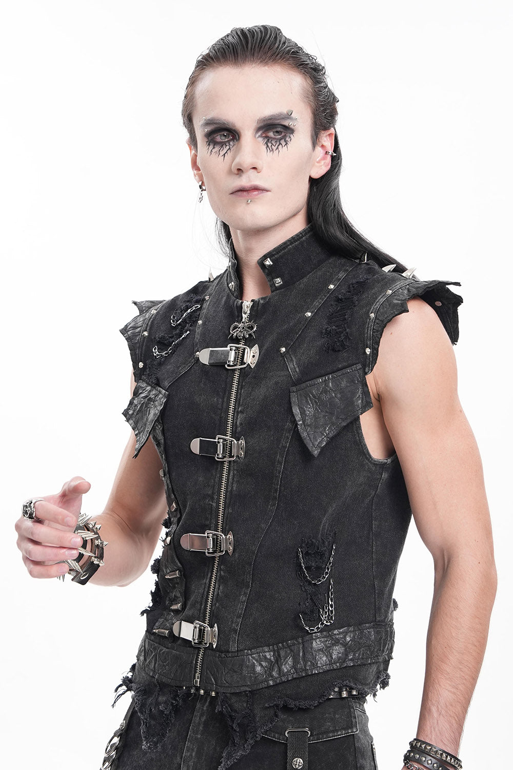 mens punk studded vest with batwing shoulders