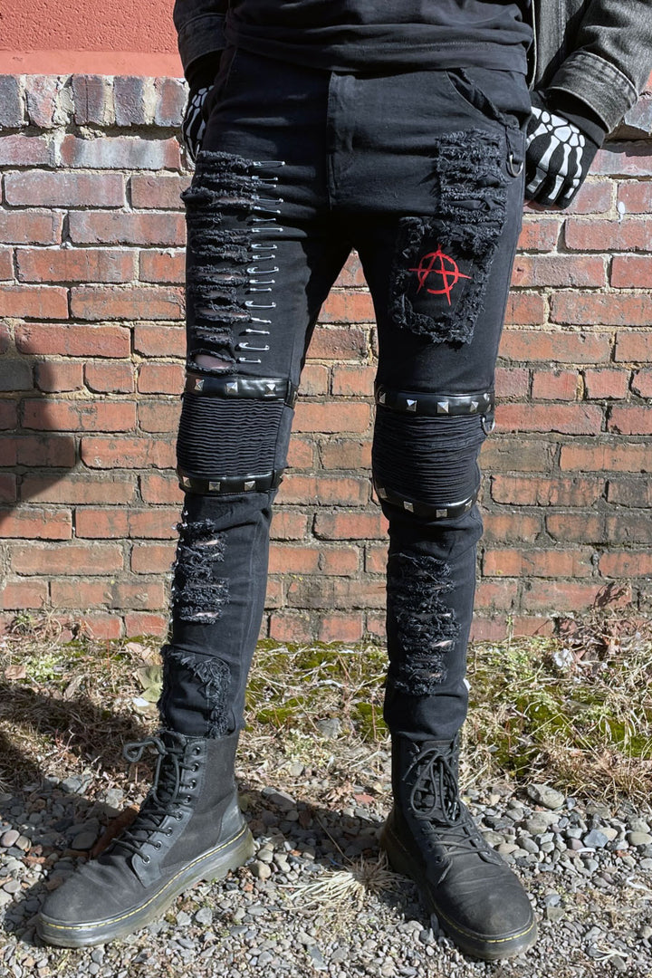 mens shredded anarchy symbol patch pants 