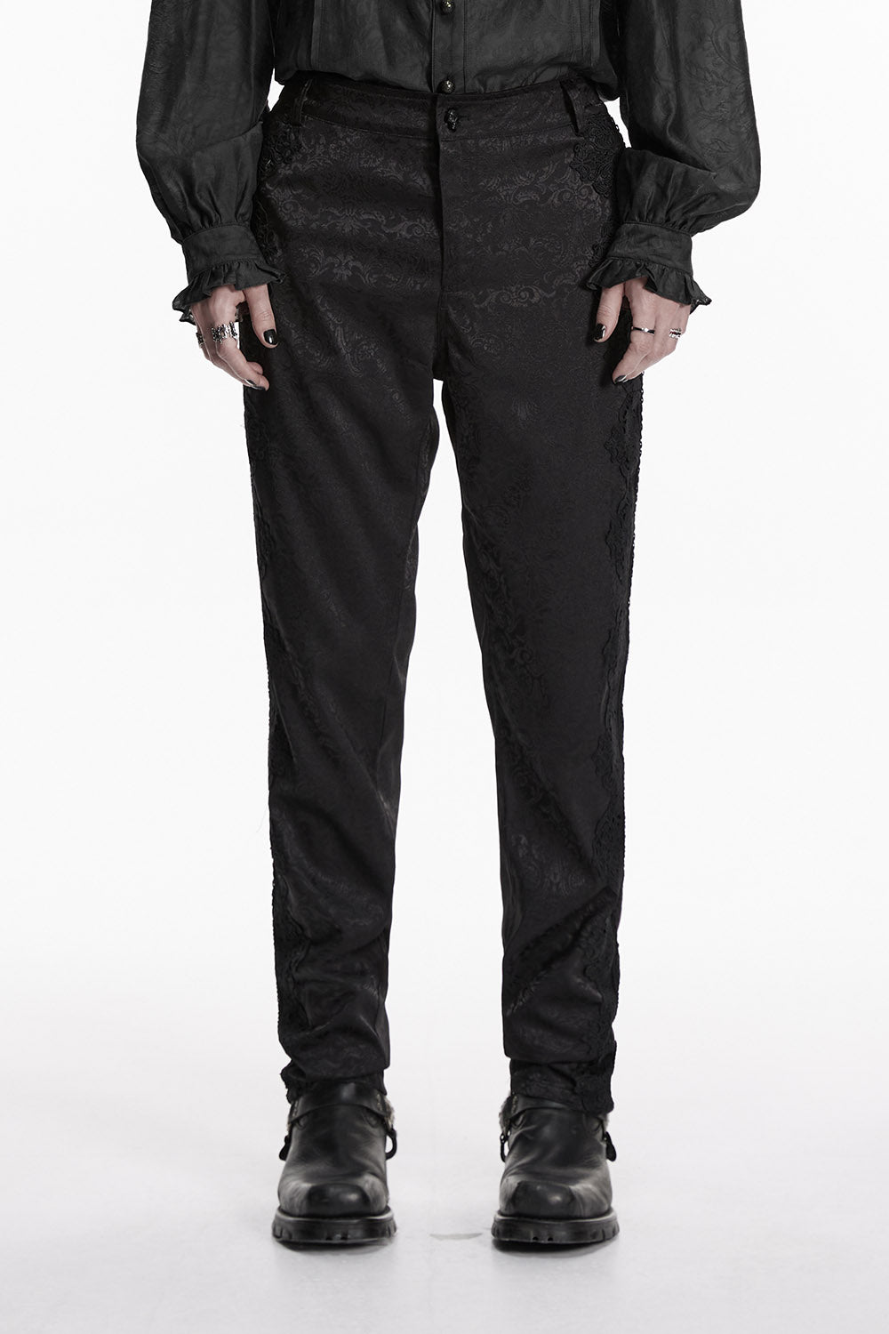 trad goth black damask gothic trousers for men