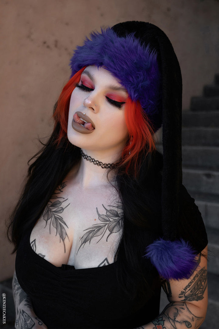 goth black and purple santa claus hat