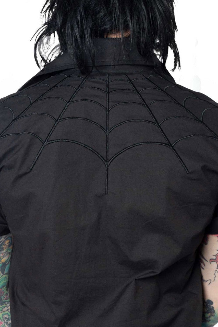 mens collared gothic shirt with embroidered webs