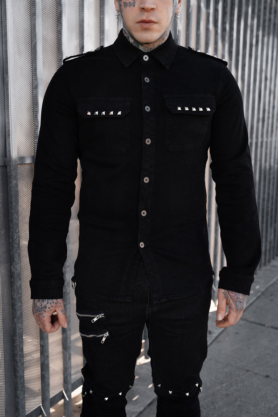 mens pyramid studded black denim gothic shirt