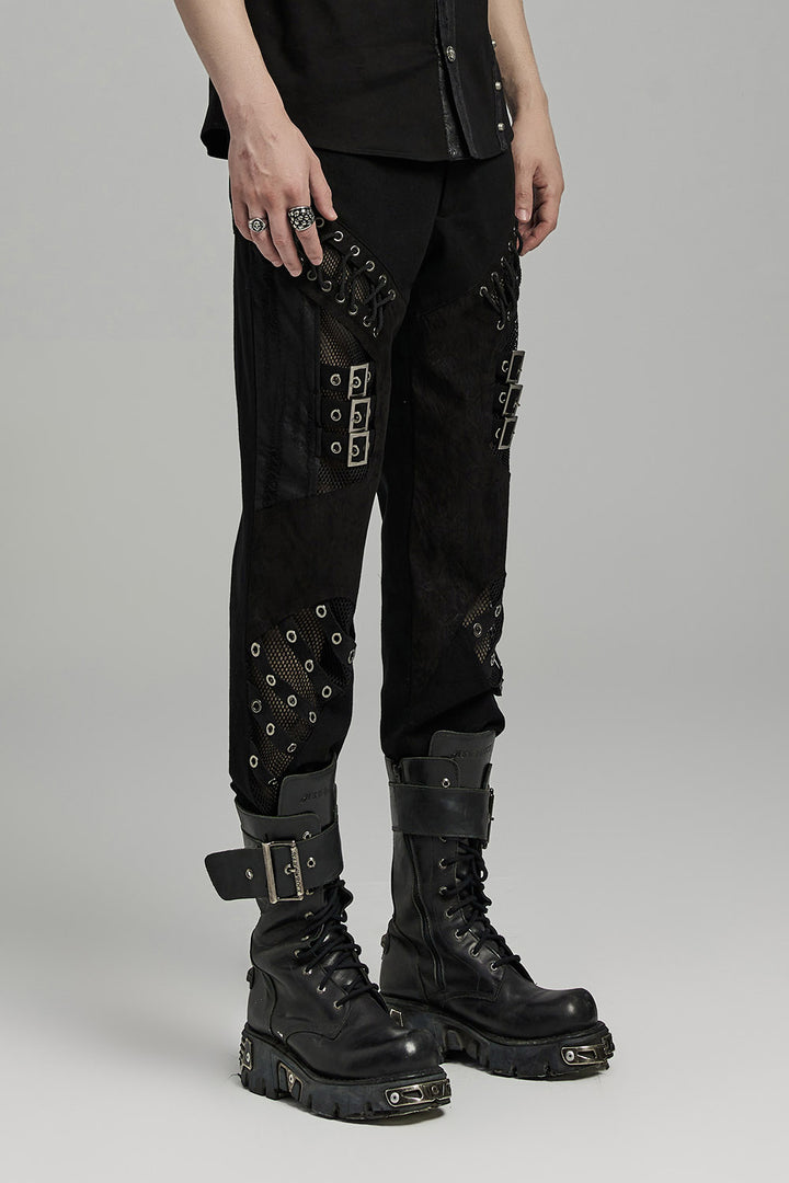 mens gothic buckle fishnet pants