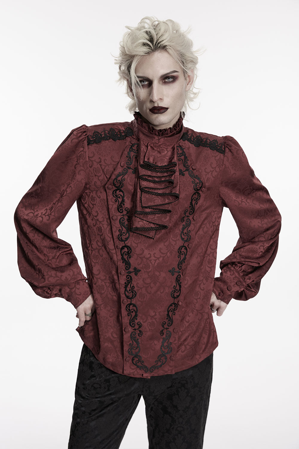 victorian goth mens long sleeve shirt with dramatic puff sleeves that gather at the cuffs, secured by decorative buttons
