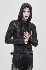 black distressed long sleeve mens cybergoth shirt with thumbhole cutouts and PU straps