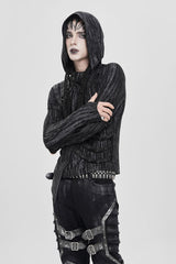 black distressed long sleeve mens cybergoth shirt with thumbhole cutouts and vegan leather straps 