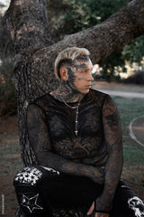 mens heavy metal black long sleeve fishnet shirt with thumbholes to wear under band t-shirts 