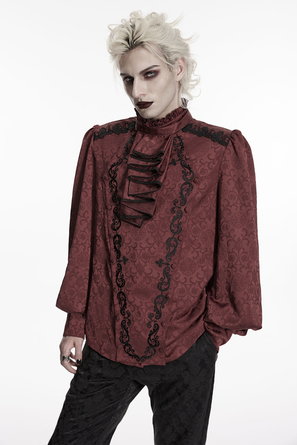 Men's Gothic Embroidered Stand Collar Shirt with Detachable Tie Red from Punk Rave