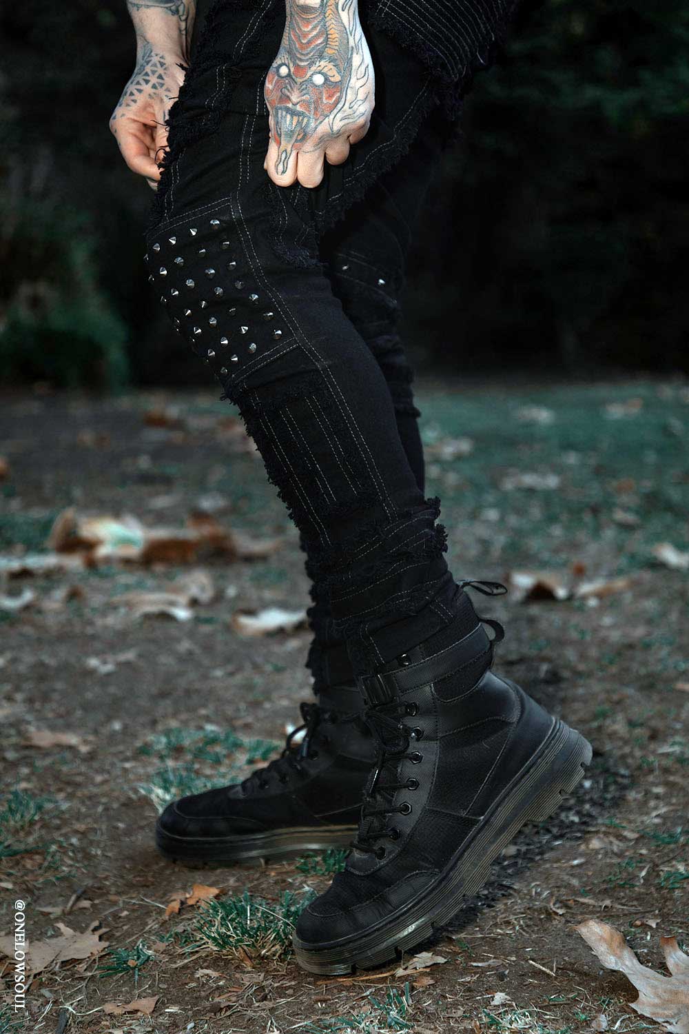 silver studded rivet spike  post-apocalyptic jeans