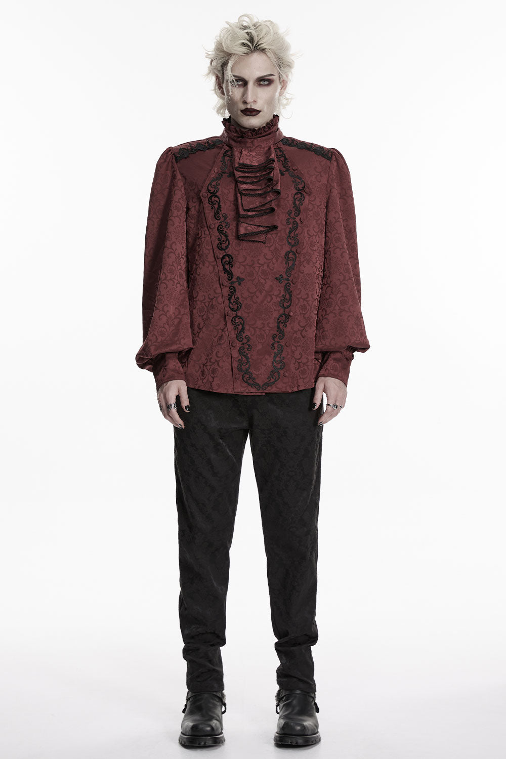 vampire goth mens deep red shirt with ruffled detailing adorning the jacquard fabric