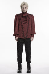 vampire goth mens deep red shirt with ruffled detailing adorning the jacquard fabric