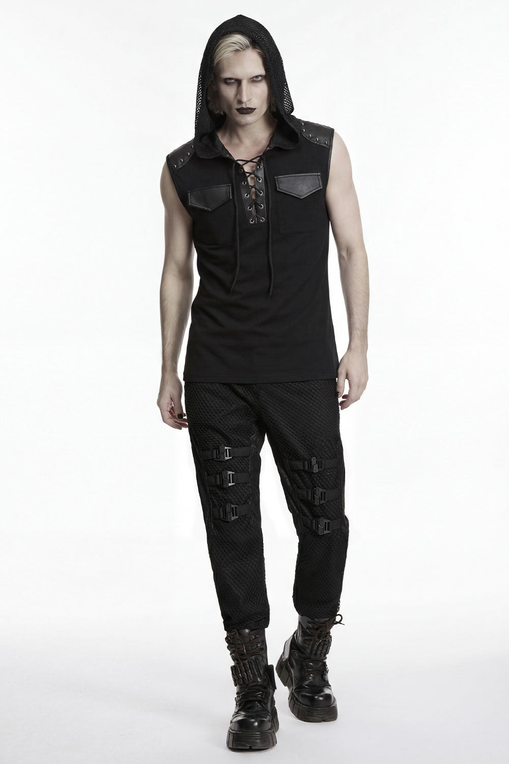 goth mens top with distressed textures, dramatic layering, and classic punk details