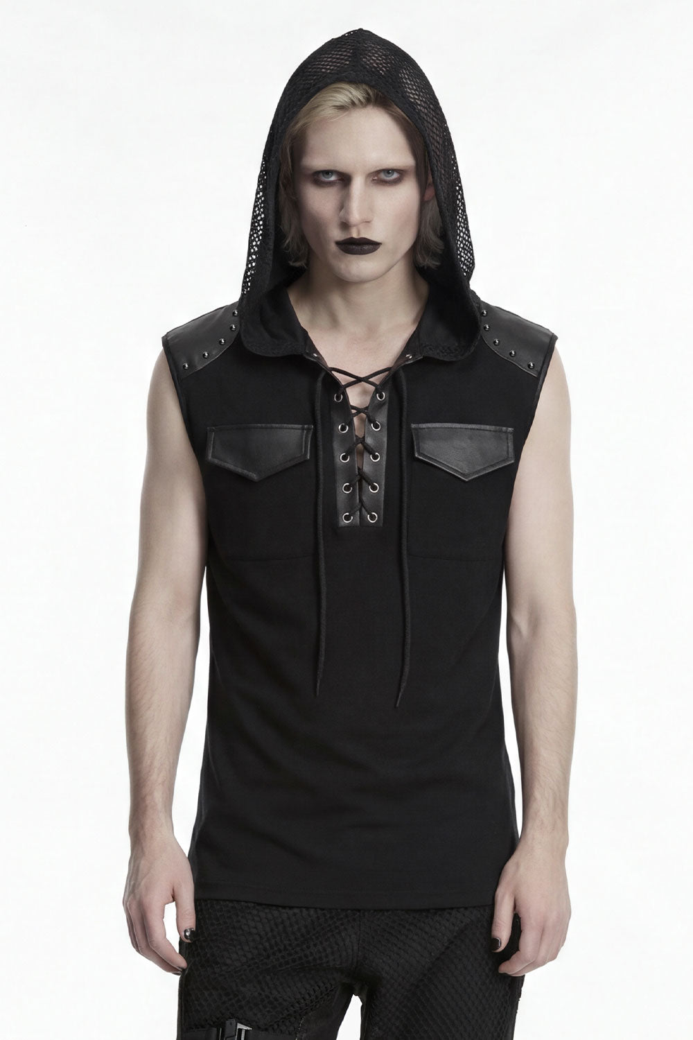 Shredded Mesh Hooded Gothic Punk Vests with Lace Up Detailing from Punk Rave