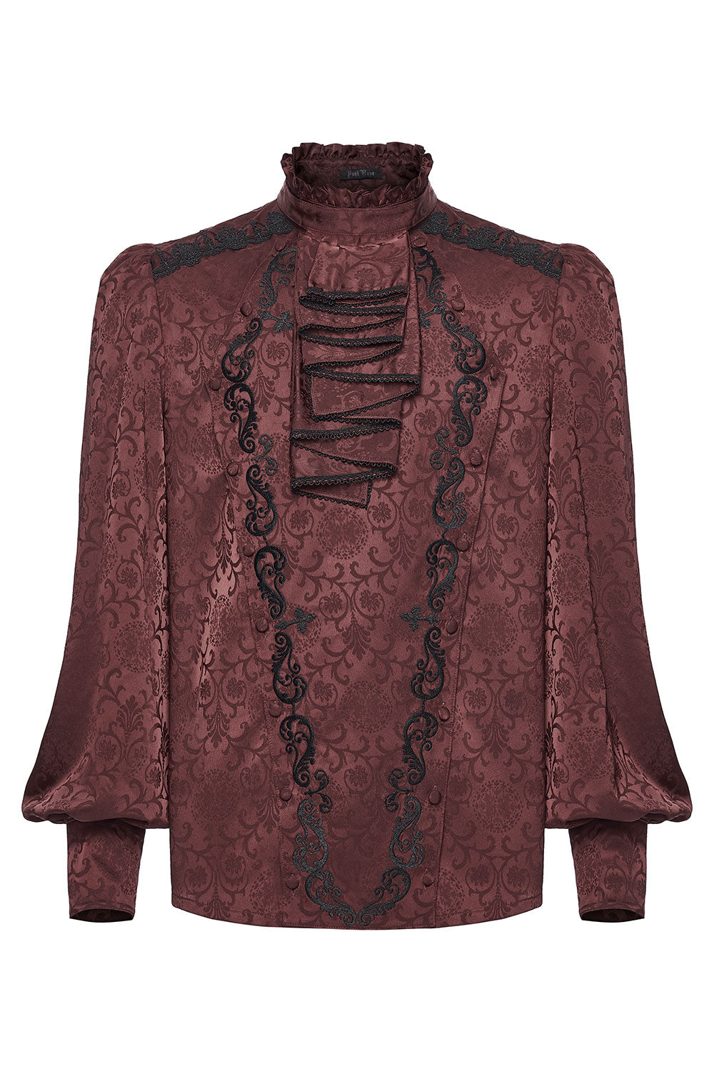 deep red mens blouse with unique embroidered patterns and puff sleeves