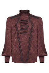 deep red mens blouse with unique embroidered patterns and puff sleeves
