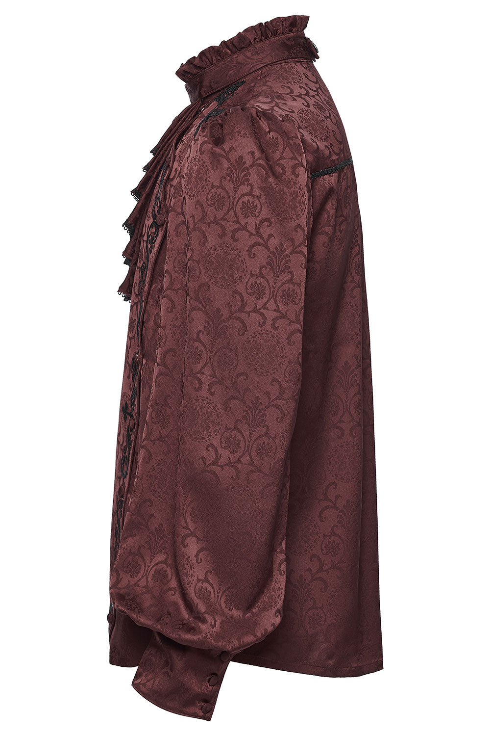 long sleeve mens dress shirt in red fabric with victorian goth aesthetic