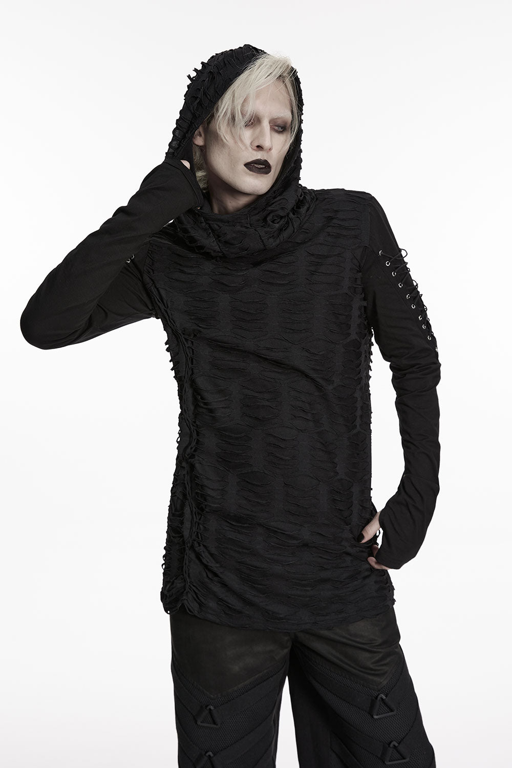 slim fitting hooded top with lace up arms