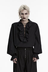 deep v-neck mens lace-up black pirate billowy loose shirt