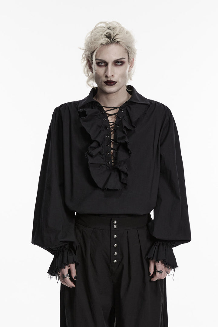 deep v-neck mens lace-up black pirate billowy loose shirt