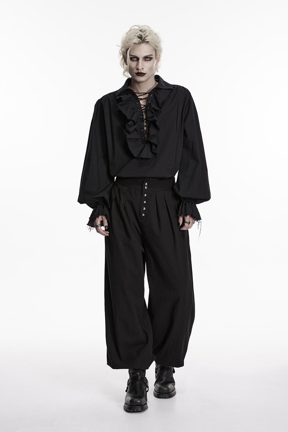 ruffled mens lace-up black pirate billowy loose shirt