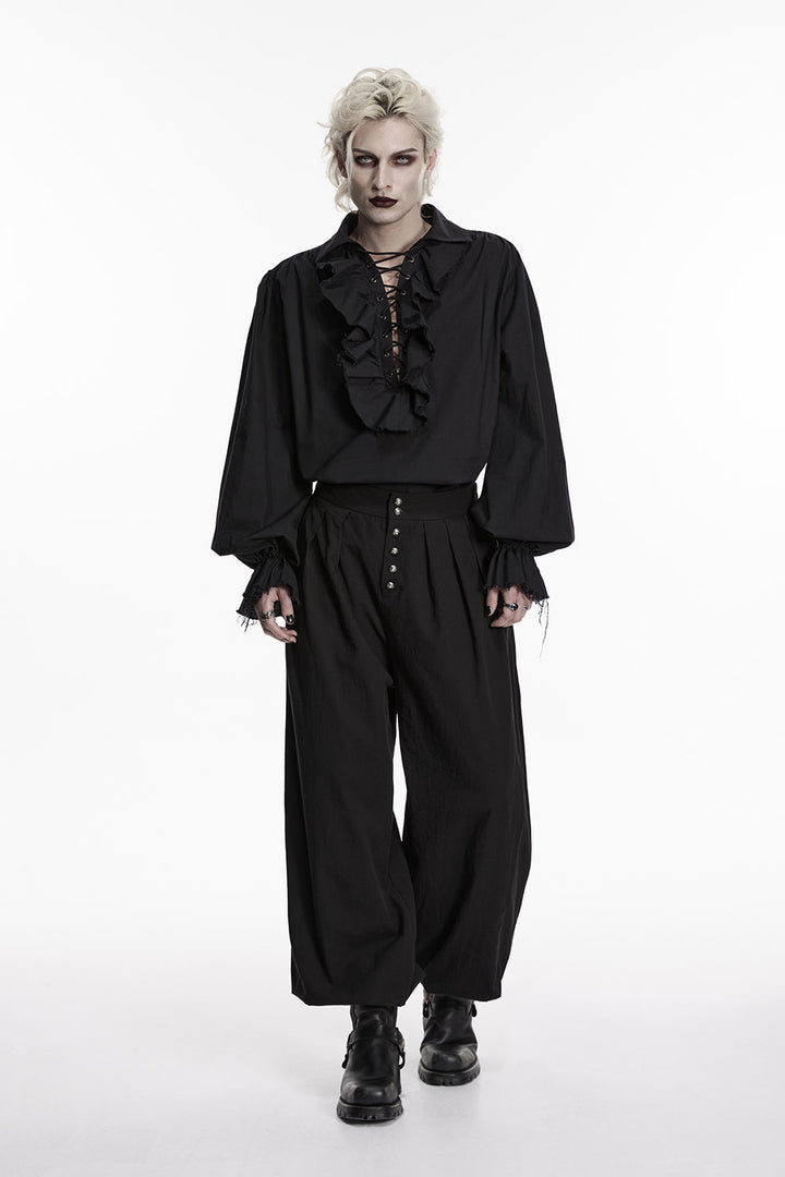 ruffled mens lace-up black pirate billowy loose shirt
